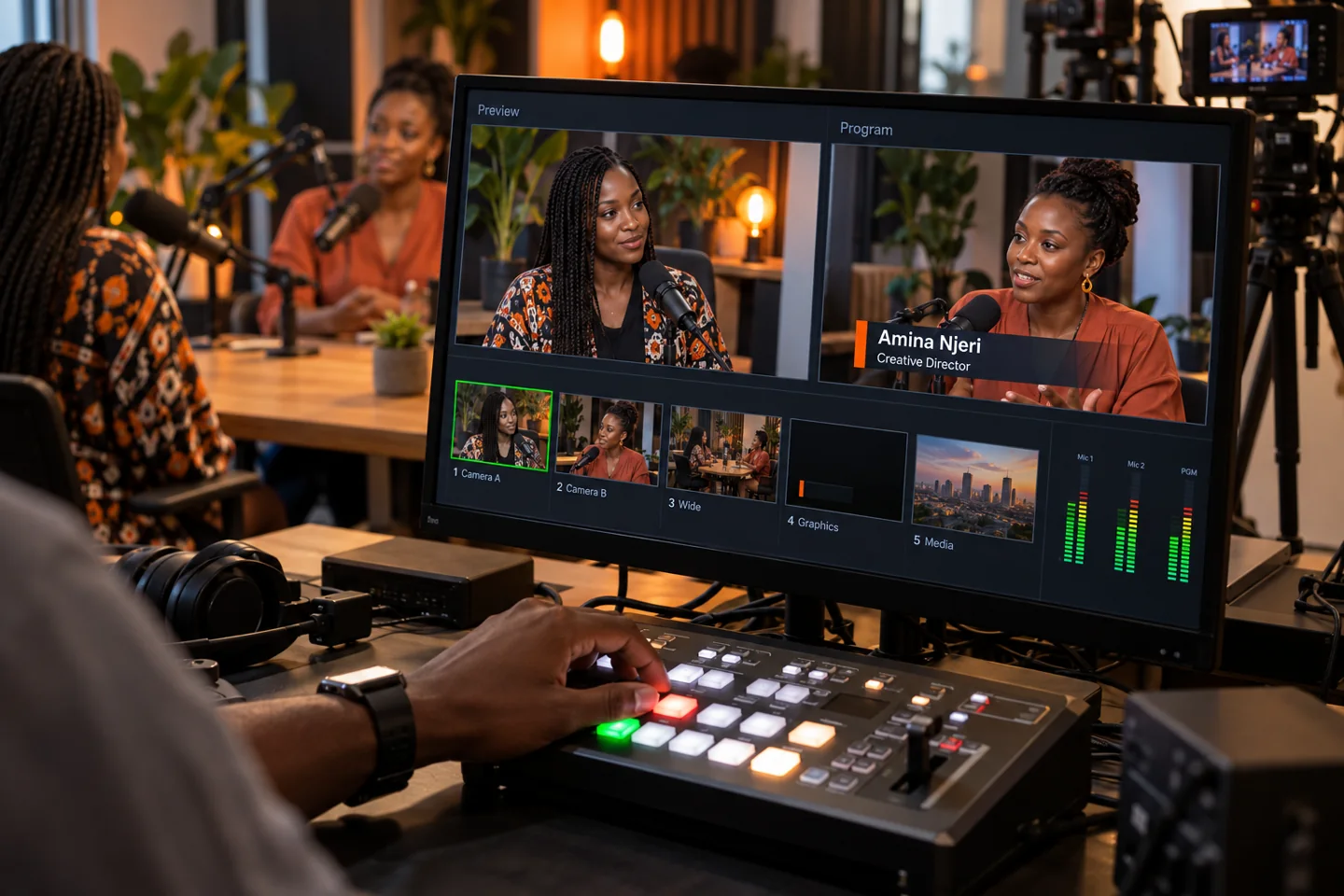 Broadcast control desk showing interview previews and a lower third