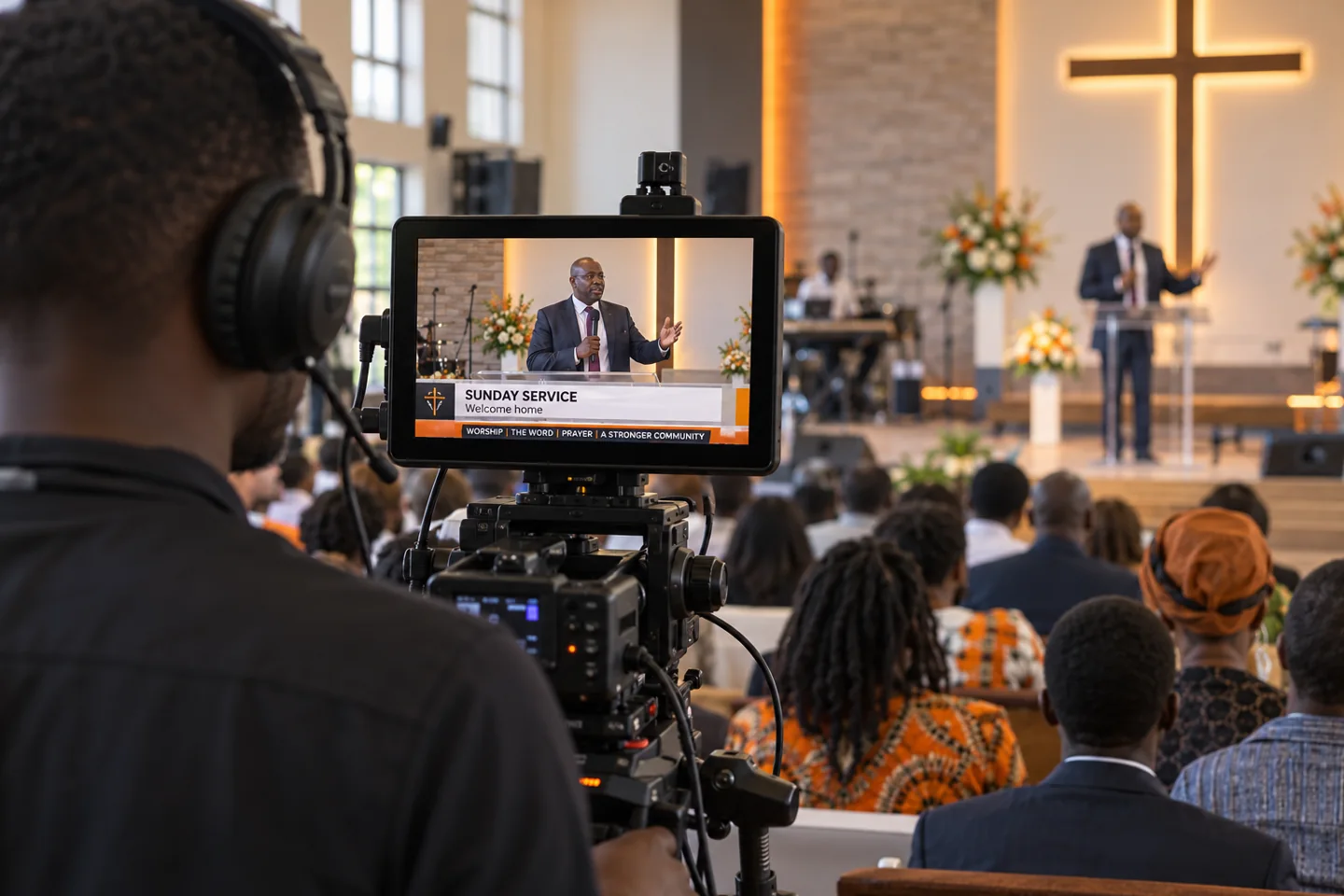Church livestream monitor showing speaker graphics and a service ticker