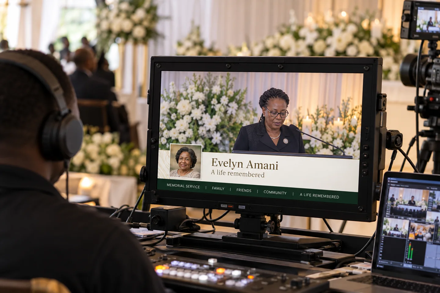 Memorial livestream monitor with a portrait nameplate and service details